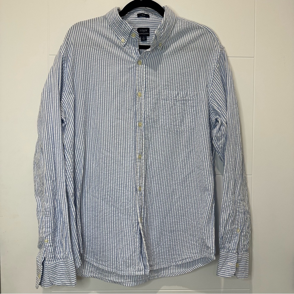 J. Crew White and Blue Striped Men's Shirt Slim Seersucker size L